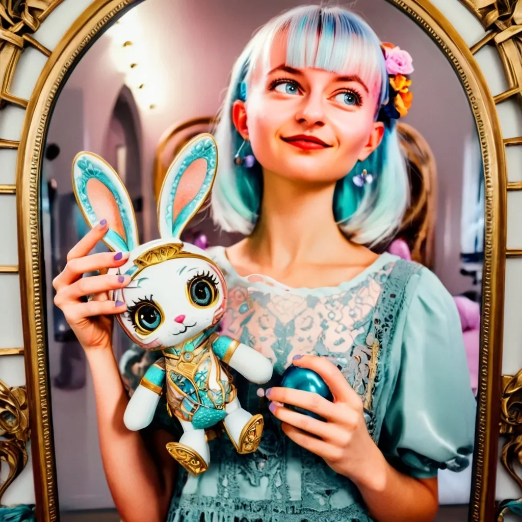 Prompt: art nouveau style, mirror selfie girl, (pastel color scheme), holding a bunny toy, sci-fi elements, flowing lines, intricate floral patterns, whimsical background, soft lighting, modern aesthetic, dreamy atmosphere, bold shapes, ultra-detailed, captivating design, ethereal and imaginative.