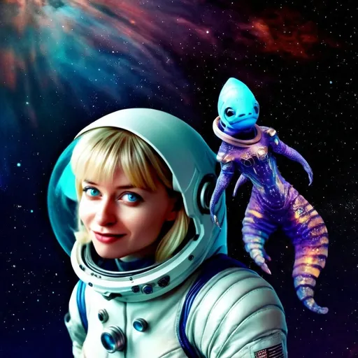 Prompt: (mermaid astronaut), fantasy style, dark color scheme, ethereal underwater space, colorful bioluminescent creatures surrounding, captivating starry depth, sleek futuristic suit blended with ocean elements, mystical aura, high detailed scales reflecting starlight, cool tones, vibrant blues and purples, hauntingly beautiful atmosphere, ultra-detailed, visually striking.