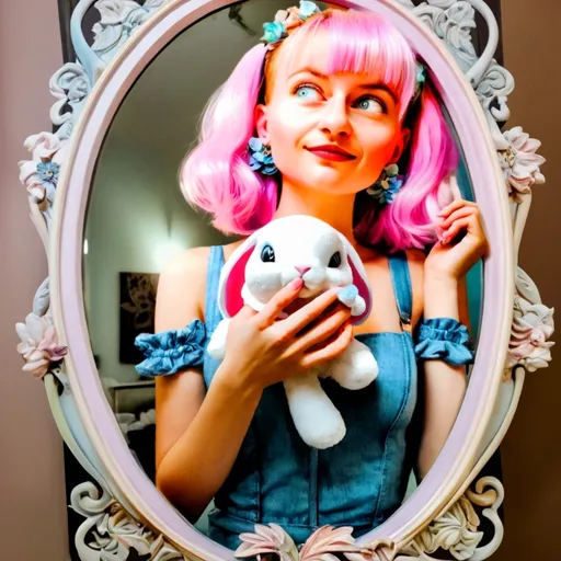 Prompt: art nouveau style, mirror selfie girl, (pastel color scheme), holding a bunny toy, sci-fi elements, flowing lines, intricate floral patterns, whimsical background, soft lighting, modern aesthetic, dreamy atmosphere, bold shapes, ultra-detailed, captivating design, ethereal and imaginative.