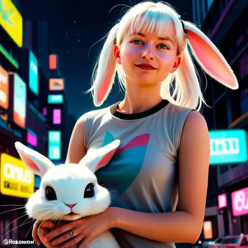 Prompt: game-cyberpunk style, (Bunny girl), (Star Trek inspired), cute character design, playful expression, petite physique, casual tomboy outfit, vibrant neon colors, futuristic city backdrop, high-tech elements, glowing holograms, engaging atmosphere, ethereal ghost pet companion, imaginative setting, dynamic composition, ultra-detailed, immersive world, energetic vibe.
