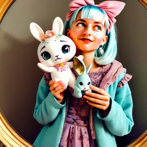 Prompt: art nouveau style, mirror selfie girl, (pastel color scheme), holding a bunny toy, sci-fi elements, flowing lines, intricate floral patterns, whimsical background, soft lighting, modern aesthetic, dreamy atmosphere, bold shapes, ultra-detailed, captivating design, ethereal and imaginative.