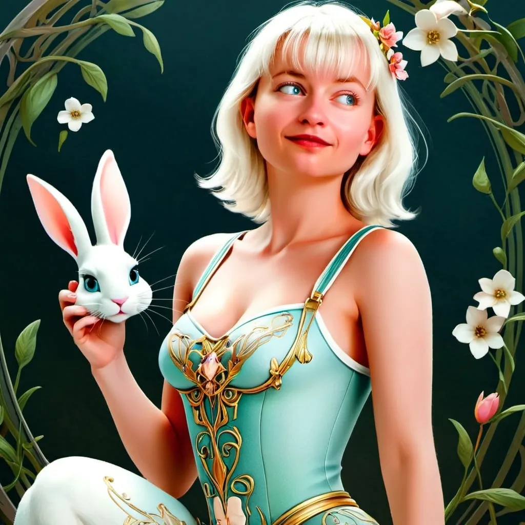 Prompt: (Art Nouveau) Bunny princess tomboy character, whimsical and enchanting, adorned with floral motifs and intricate flowing lines, light pastel color palette, ethereal backdrop of nature, featuring lively greenery and soft blossoms, playful expression, small chest, feminine yet tomboy fashion elements, graceful pose, elegant curves, detailed patterns on clothing, (highly detailed, 4K).