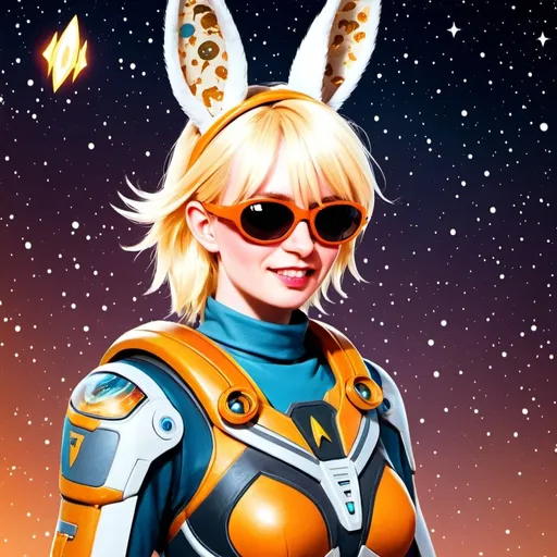 Prompt: (fantasy style), astronaut princess, tomboy bunny alien pet, warm color scheme, vibrant hues of orange and gold, intricate details on character attire, playful yet strong demeanor, star trek academy elements, short spiky hair, whimsical space background, galaxies and stars illuminating the scene, (ultra-detailed), enchanting atmosphere evokes adventure and whimsy.