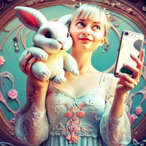 Prompt: art nouveau style, mirror selfie girl, (pastel color scheme), holding a bunny toy, sci-fi elements, flowing lines, intricate floral patterns, whimsical background, soft lighting, modern aesthetic, dreamy atmosphere, bold shapes, ultra-detailed, captivating design, ethereal and imaginative.