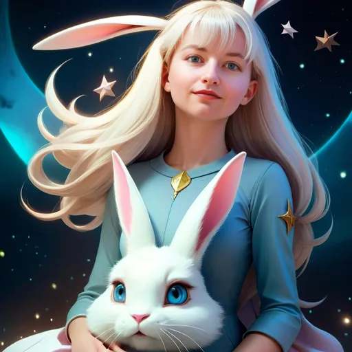 Prompt: (artstyle-renaissance), Bunny, playful demeanor, (vibrant color scheme), futuristic elements, Star Trek inspiration, cute ghost pet, mid 30s, intricate detailing, dreamlike atmosphere, soft lighting, whimsical setting, enhanced textures, captivating expression, enchanting and imaginative scene, ultra-detailed, high quality.