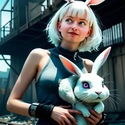 Prompt: (dystopian bunny girl), a captivating interpretation combining cute and grim elements, futuristic attire with industrial accents, soft but edgy color palette, shadows cast by broken cityscapes in the background, mysterious atmosphere filled with a blend of hope and despair, (HD quality), character standing in an urban wasteland, juxtaposition of innocence and decay, expressive eyes filled with stories untold.