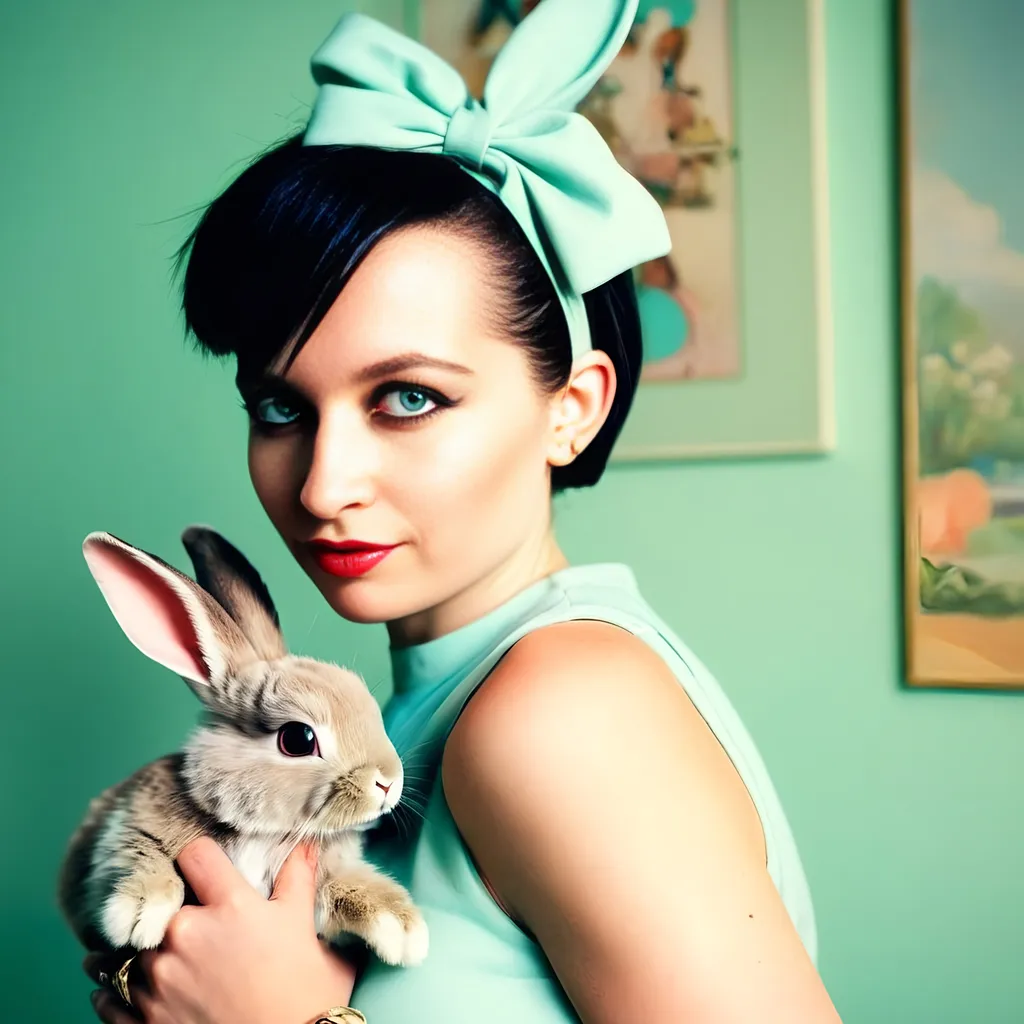 Prompt: photorealistic, (baby bunny) cuddling with (teen girl), both adorned in (mid-century fashion), a delightful (space age theme), pastel color scheme with (soft pinks, mint green, baby blue), serene atmosphere, charming details in decor, cozy setting hinting at vintage styles, ultra-detailed, bright, retro