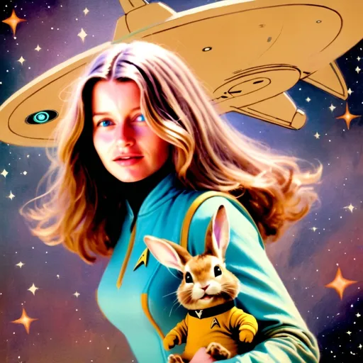 Prompt: (rough colourful pastel sketch), woman in space attire, playful pose, interacting with bunny pet, whimsical star trek theme, brown paper background, vibrant, dynamic colors, charming and peculiar ambiance, fantasy elements, smooth textures, adorable details, HD, artistic flair, nostalgic video game aesthetics.