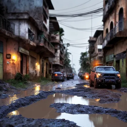 Prompt: João Lourenço exploring muddy, pothole-filled roads of Luanda, rainy tropical setting, detailed mud splatters, rugged terrain, realistic digital painting, highres, detailed, rainy, muddy, tropical, rugged, professional, atmospheric lighting