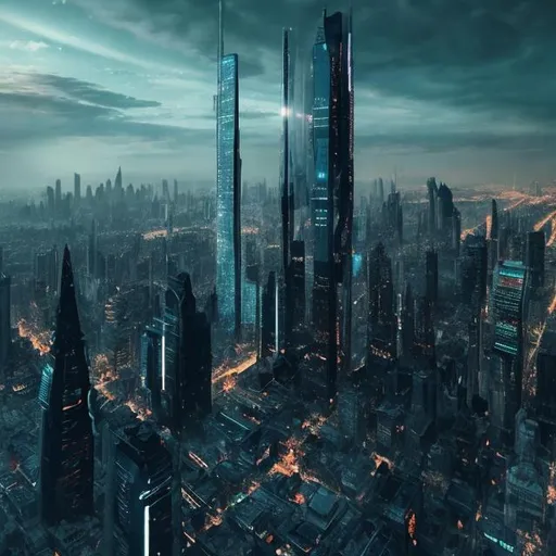 Prompt: futuristic skyscrapers, urban setting, inspiring architecture, city lights, high quality, detailed, professional, futuristic, cool tones, atmospheric lighting