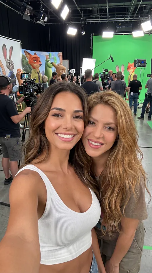 Prompt: Keep her exactly the same. She is wearing a white crop top with clevage . Taking a selfie with shakira on the zootopia movie set. Film crew in backround.. you cannot see the iphone