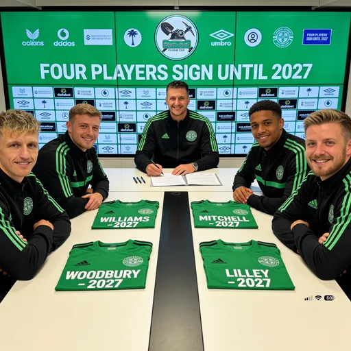 Prompt: Create a highly realistic professional football club signing announcement photo using the supplied reference images. Use Reference 1 as the official club badge/logo, Reference 2 as the manager, and References 3, 4, 5 and 6 as the four football players. Maintain the exact facial features, age, hairstyle and likeness of each referenced person.

Scene: modern football club press conference room. The manager is seated centrally behind a professional signing desk. Two players are seated on his left and two players on his right, creating a balanced official club signing presentation. All five people are wearing matching black football training tracksuits with a green stripe running down the sleeves and shoulders, featuring the club badge from Reference 1 embroidered on the chest.

Behind them is a large professional media backdrop filled with the club badge, sponsor logos and repeating press conference branding, creating the atmosphere of an official signing announcement. A large headline on the backdrop reads:

“FOUR PLAYERS SIGN UNTIL 2027”

In front of each player on the desk is a folded green football shirt. The shirts display:

WOODBURY – 2027 is the player reference image 3 
* WILLIAMS – 2027 is the player in reference image 4 
* MITCHELL – 2027 is the player in reference image 5
* LILLEY – 2027 is the player in image reference 6

The manager is the middle and he is reference image 1

The players are smiling confidently and looking proud after completing their contracts. Official paperwork, pens and signing documents are visible on the desk. Professional football club media day atmosphere, realistic press conference lighting, shallow depth of field, ultra-realistic skin texture, sports journalism photography, high-end DSLR camera, photorealistic, 8K quality, sharp focus, professional football transfer announcement, authentic club signing presentation, cinematic lighting, detailed club branding, realistic sponsorship boards, wide-angle composition showing all five people clearly.