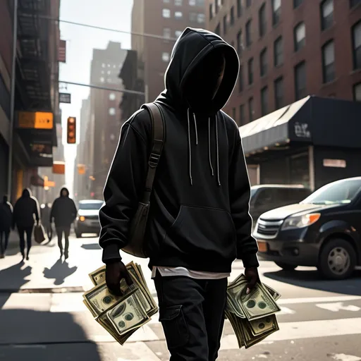 Prompt: (armored truck), silhouette of a teenager in a black hoodie, holding a bag of cash, (daylight) in a typical NYC street, urban atmosphere, gritty and vibrant surroundings, bustling city life, sunlight casting long shadows, high contrast, detailed background elements like buildings and parked cars, (4K) quality, expressively dynamic composition.