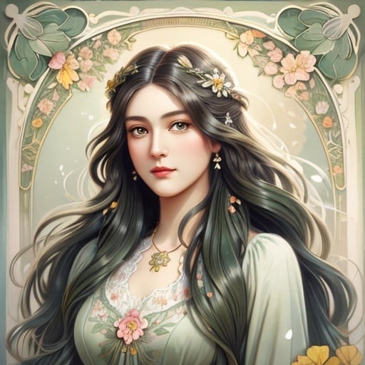 Prompt: Art Nouveau illustration of a mesmerizing green-eyed beauty, flowing hair with floral motifs, elegant vintage attire, soft pastel color palette, intricate organic patterns, graceful posture, detailed facial features, captivating gaze, best quality, highres, elegant, Art Nouveau, floral motifs, vintage attire, soft pastels, intricate patterns, detailed features, captivating gaze, graceful posture, organic style