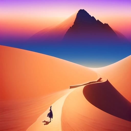 Prompt: Depict the unique beauty of desert landscapes with hyper-realistic precision. Imagine the sweeping sand dunes, the surreal night skies, and the fascinating adaptations of life in arid conditions, all captured with a level of detail that makes the scene come alive, revealing the hidden allure of the desert, blend in splashes of gold, orange and teal, detailed precision, 8k, luminous and detailed, digital watercolor effect, add 2 persons walking on the sand dunes, dubai buildings silhouette background, popart feel