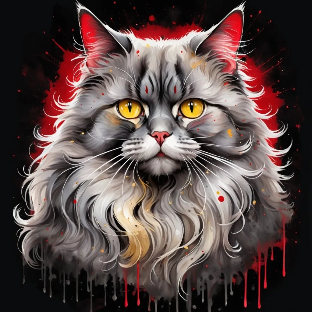 Prompt: digital watercolor painting, a fluffy grey long haired cat with detailed golden eyes, sad looking expression,, paint splatter, black and red and silver, bold brush strokes, art nouveau