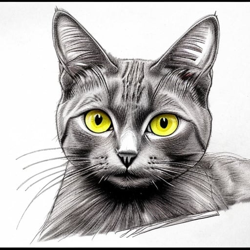 Prompt: Whimsical line sketch, female grey Cat with bright yellow eyes.