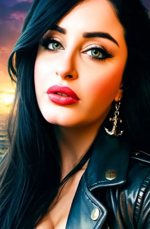 Prompt: Ultra-realistic painting 4k of Sassy roughish pirate female, long black glossy hair, deep golden eyes, silver leather jacket, pirate hat, village background, warm lighting, clouds in the air, high quality, detailed, realistic, pirate style, warm tones, atmospheric lighting, intense gaze, 