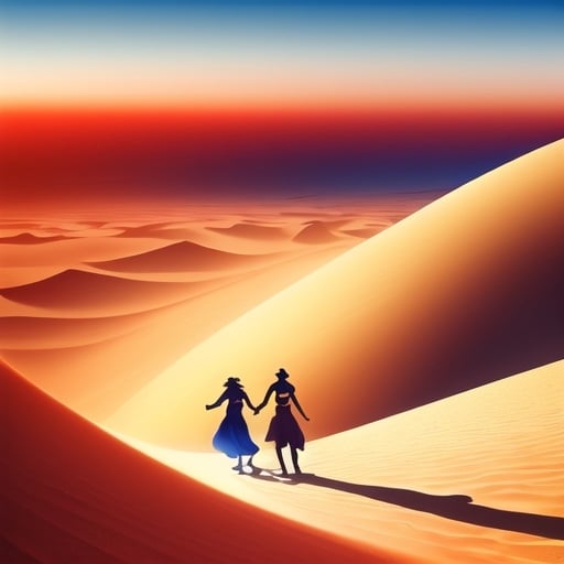 Prompt: Depict the unique beauty of desert landscapes with hyper-realistic precision. Imagine the sweeping sand dunes, the surreal night skies, and the fascinating adaptations of life in arid conditions, all captured with a level of detail that makes the scene come alive, revealing the hidden allure of the desert, blend in splashes of gold, orange and teal, detailed precision, 8k, luminous and detailed, digital watercolor effect, add 2 persons walking on the sand dunes, dubai buildings silhouette background, popart feel