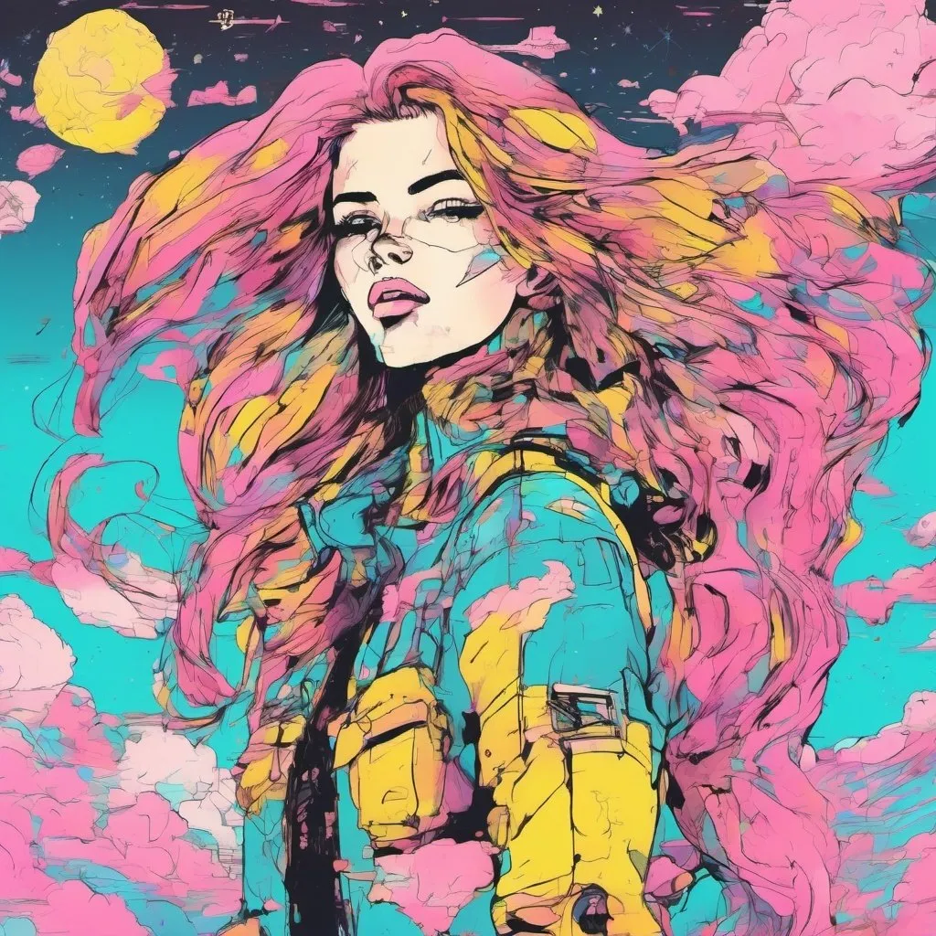 Prompt: Girl with long hair facing forward and sticking out her tongue, future, cyberpunk, pink, light blue, yellow, sky, clouds, rocket, Sailor Moon pattern, retro, anime, proof photo