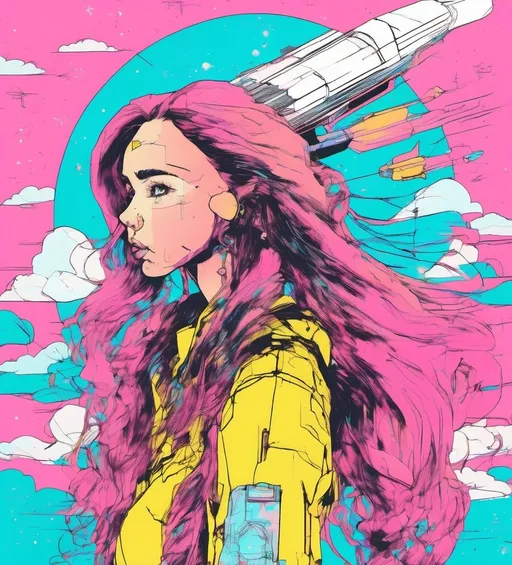 Prompt: Girl with long hair facing forward, future, cyberpunk, pink, light blue, yellow, sky, clouds, rocket, Sailor Moon pattern, retro, anime, proof photo