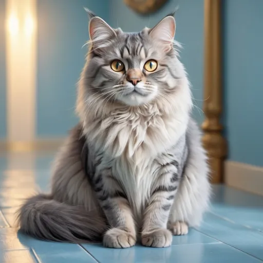Prompt: An ultrarealistic cat with long grey fur, and big golden eyes, sitting on a light blue flooring, dreamy artistic atmosphere, detailed picture ultra HD 4k, fantasy theme, cat is smiling