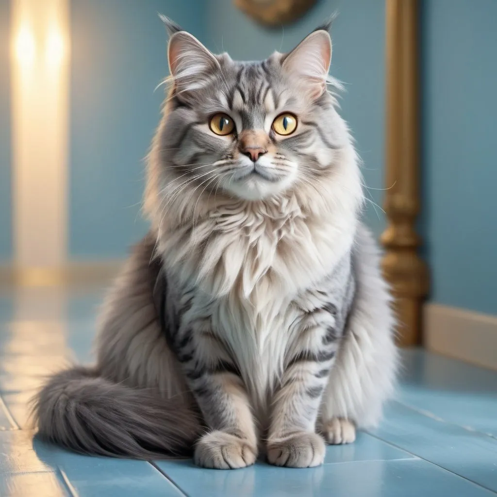 Prompt: An ultrarealistic cat with long grey fur, and big golden eyes, sitting on a light blue flooring, dreamy artistic atmosphere, detailed picture ultra HD 4k, fantasy theme, cat is smiling