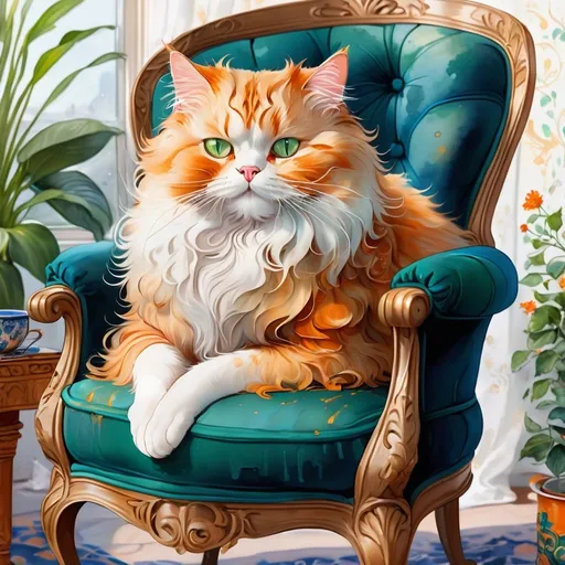 Prompt: fluffy white long haired cat sitting curled up in a relaxing blue armchair, setting is a cozy room with warm vibes and chimney, ultra realistic ,detailed green eyes, Persian male cat, digital watercolor painting, paint splatter, black, orange, gold, bold brush strokes, art nouveau, high quality, detailed, digital watercolor , fluffy fur, paint splatter, bold brush strokes, art nouveau, gold tones, high-quality lighting, van Gogh style
