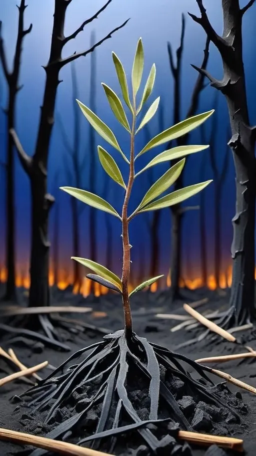 Prompt: After the forest fire. Charred, black branches of deciduous trees stretching up into a deep blue, cloudless, hot sky. Ashes on the ground. Close-up macro photography of a single, bright green olive tree seedling making its way through the ashes. The olive seedling is a symbol of perseverance in the face of destruction. Heavy impasto oil painting, extreme detail, fine art, museum quality. Consider incorporating traditional Palestinian clothing and cultural symbols, playful, splashes of red, white , green and black