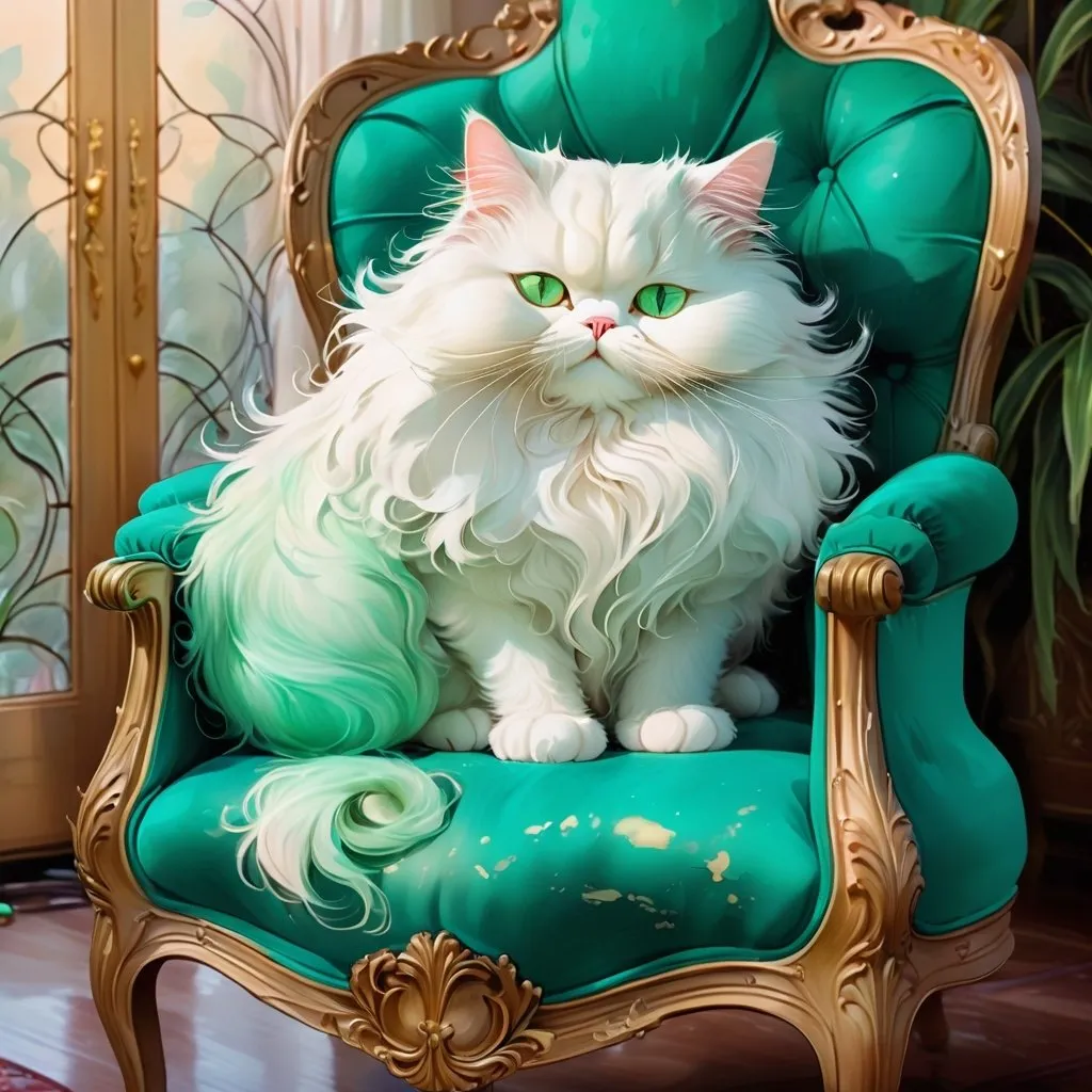 Prompt: fluffy pure white very long haired cat sitting curled up in a relaxing tiffany blue armchair, setting is a cozy room with warm vibes and a window, ultra realistic ,detailed green eyes, Persian male cat, digital watercolor painting, paint splatter, black, gold, bold brush strokes, art nouveau, high quality, detailed, digital watercolor , fluffy fur, paint splatter, bold brush strokes, art nouveau, gold tones, high-quality lighting, van Gogh style
