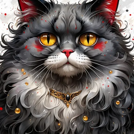 Prompt: fluffy grey long haired cat, detailed golden eyes, sad expression, digital watercolor painting, paint splatter, black, red, silver, bold brush strokes, art nouveau, high quality, detailed, digital watercolor, golden eyes, sad expression, fluffy fur, paint splatter, bold brush strokes, art nouveau, silver tones, high-quality lighting