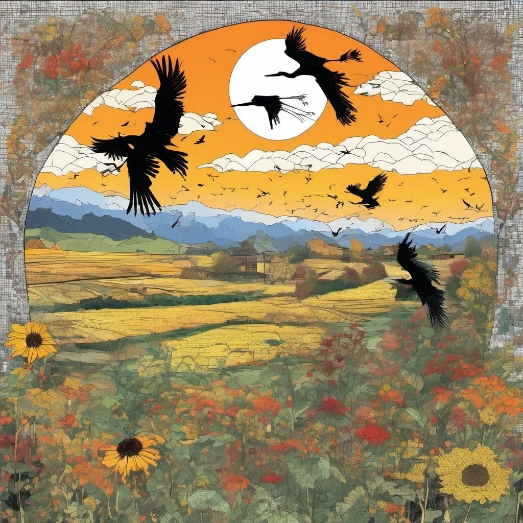 Prompt: Painstakingly laid out, extremely detailed flower mosaic made of various kinds of birdseed, sunflower seeds, millet, pumpkin seeds, black thistle seeds, corn, safflower seeds. The large mosaic portrays a hilly, Japanese-ink-art-style landscape with a flock of birds flying and herons standing in fields. All birds, landscape features and the sky are laid out in birdseed. Masterpiece of food art.