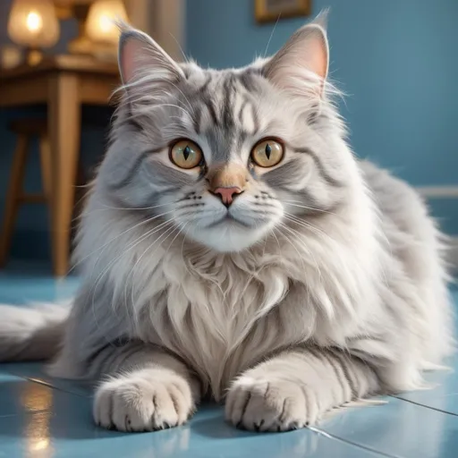 Prompt: ultra HD 4k, detailed picture, ultrarealistic cat with long grey fur, big golden eyes, smiling, light blue flooring, dreamy artistic atmosphere, fantasy theme, professional, detailed fur, detailed eyes, dreamy atmosphere