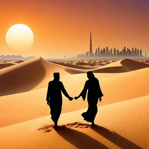 Prompt: Depict the unique beauty of desert landscapes with hyper-realistic precision. Imagine the sweeping sand dunes, the surreal night skies, and the fascinating adaptations of life in arid conditions, all captured with a level of detail that makes the scene come alive, revealing the hidden allure of the desert, mythological, linear, vibrant, dubai landscape silhouette in the background, 8k ultra HD, 2 persons waling hand in hand on the sand dunes, splashes of gold and orange all over the backround in pop art style