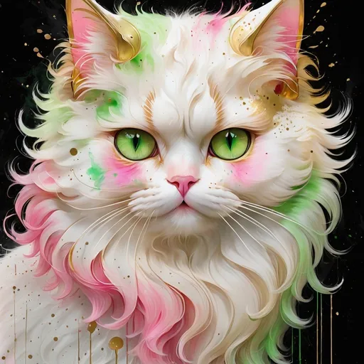 Prompt: fluffy white long haired cat, detailed green eyes, Persian doll face cat, digital watercolor painting, paint splatter, black, pink, gold, bold brush strokes, art nouveau, high quality, detailed, digital watercolor, golden eyes, sad expression, fluffy fur, paint splatter, bold brush strokes, art nouveau, gold tones, high-quality lighting