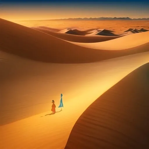 Prompt: Depict the unique beauty of desert landscapes with hyper-realistic precision. Imagine the sweeping sand dunes, the surreal night skies, and the fascinating adaptations of life in arid conditions, all captured with a level of detail that makes the scene come alive, revealing the hidden allure of the desert, blend in splashes of gold, orange and teal, detailed precision, 8k, luminous and detailed, digital watercolor effect, add 2 persons walking on the sand dunes, dubai buildings silhouette background, popart feel