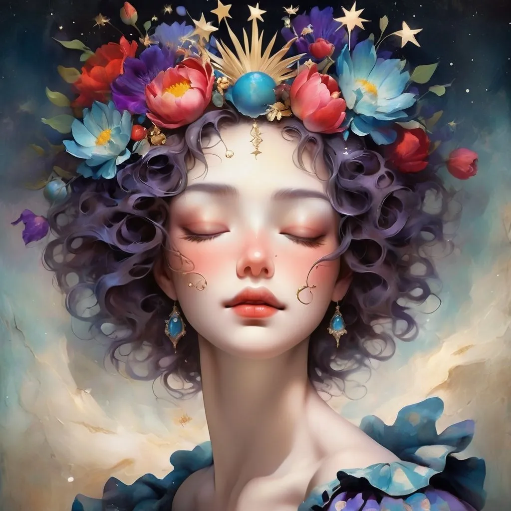 Prompt: Create an image featuring a surreal, dream-like portrait of a person with an ethereal and almost celestial quality. The composition should center a face with closed eyes and an expression of serene tranquility. Skin should be rendered in a golden tone with subtle crackled textures resembling a weathered statue. Portions of the face, especially around the eyes, should have an appearance of being a fractured mask, revealing glimpses of something hidden or beyond.

The top part of the image features an ornate, abstract flower crown with rich purples and blues set against a backdrop that blends dark and earthy tones with floral motifs and scattered, twinkling star-like accents. On the right side of the face, a tiny, checkered embellishment with a whimsical design adds to the fantastical feel of the image.

The bottom portion should contain delicate ruffles resembling historical costume or a clown's collar, tinted in shades that harmonize with the background. The lips are soft red, adding a splash of warmth and vitality. The overall texture of the image should mimic an aged painting, with brushstrokes and mottled elements throughout, evoking the patina of age and nostalgia.

Integrate elements of mixed media and collage, as if various images and textures have been superimposed, to craft an artful blend of traditional portraiture with avant-garde artistry.