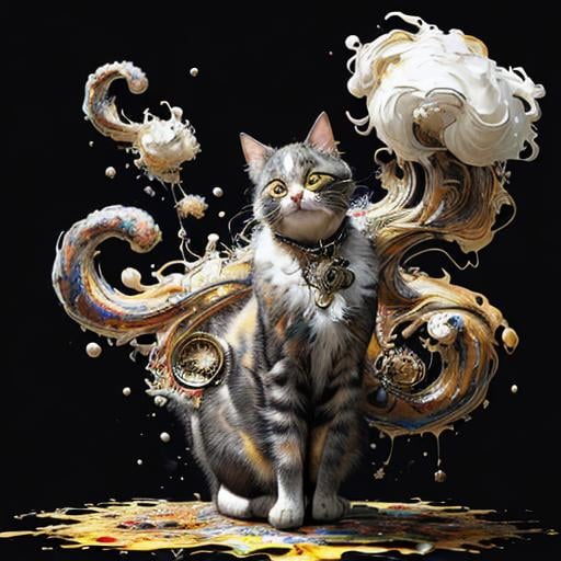 Prompt: A cat with fluffy fur, paint splatter, bold brush strokes, art nouveau, gold tones, high-quality lighting, 3D digital painting,  8k, beautiful, liquid mercury, ralph steadman, pino daeni, very cute, abstract, steampunk, sensual, whimsical, colorful, viscous paint splash in a place of swirling psychedelic paint pour, opp art for a fashion magazine, 4k, background twisted paint in a stunning way, hypnotic feeling, trending on artstation, line sleek, style igor morski"