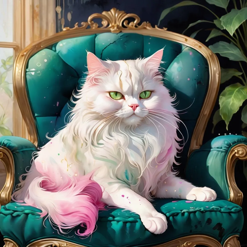 Prompt: fluffy white long haired cat sitting curled up in a relaxing blue armchair, setting is a cozy room with warm vibes and chimney, ultra realistic ,detailed green eyes, Persian male cat, digital watercolor painting, paint splatter, black, pink, gold, bold brush strokes, art nouveau, high quality, detailed, digital watercolor, golden eyes, sad expression, fluffy fur, paint splatter, bold brush strokes, art nouveau, gold tones, high-quality lighting