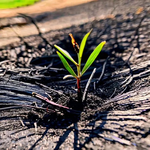 Prompt: After the forest fire. Charred, black branches of deciduous trees stretching up into a deep blue, cloudless, hot sky. Ashes on the ground. Close-up macro photography of a single, bright green olive tree seedling making its way through the ashes. The spruce seedling is a symbol of perseverance in the face of destruction. Heavy impasto oil painting, extreme detail, fine art, museum quality. Consider incorporating traditional Palestinian clothing and cultural symbols.  dramatic lighting, whimsical, dark, playful, splashes of red, white , green and black