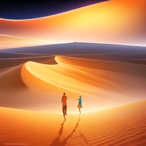 Prompt: Depict the unique beauty of desert landscapes with hyper-realistic precision. Imagine the sweeping sand dunes, the surreal night skies, and the fascinating adaptations of life in arid conditions, all captured with a level of detail that makes the scene come alive, revealing the hidden allure of the desert, blend in splashes of gold, orange and teal, detailed precision, 8k, luminous and detailed, digital watercolor effect, add 2 persons walking on the sand dunes, dubai buildings silhouette background, popart feel