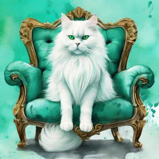 Prompt: fluffy pure white very long haired cat sitting curled up in a relaxing tiffany blue armchair, setting is a cozy room with warm vibes and a window, ultra realistic ,detailed green eyes, Persian male cat, digital watercolor painting, paint splatter, black, gold, bold brush strokes, art nouveau, high quality, detailed, digital watercolor , fluffy fur, paint splatter, bold brush strokes, art nouveau, gold tones, high-quality lighting, 3D digital painting,  8k, beautiful, liquid mercury, ralph steadman, pino daeni, very cute, abstract, steampunk, sensual, whimsical, colorful, viscous paint splash in a place of swirling psychedelic paint pour, opp art for a fashion magazine, 4k, background twisted paint in a stunning way, hypnotic feeling, trending on artstation, sleek porcelain head, pristine skin, line sleek, make up, style igor morski"