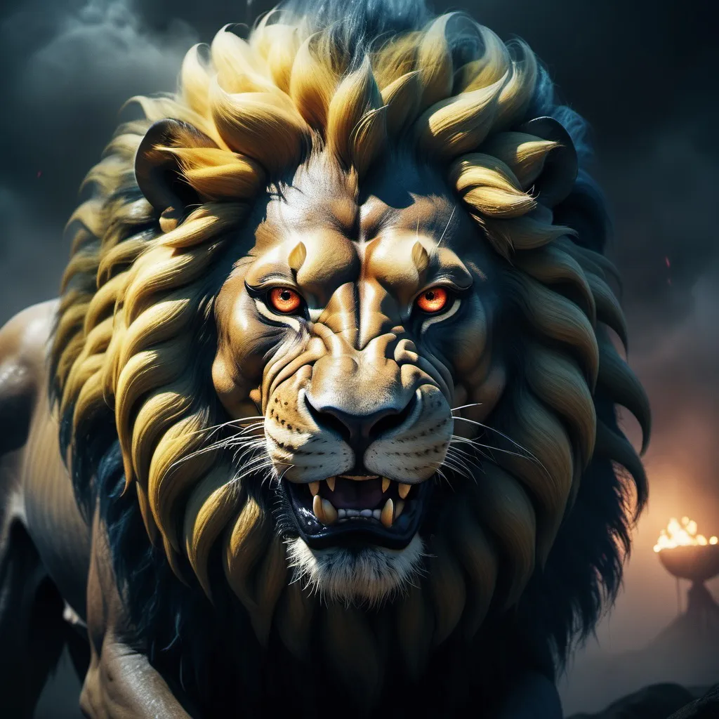 Prompt: (Anura kumara disanayaka face) merged with a fierce lion body, holding the (flag of Sri Lanka), intense and surreal imagery, (horror-themed background), dark ominous shadows, eerie fog, vivid contrasting colors, unsettling atmosphere, captivating details, high-quality 4K resolution, masterful blend of realism and fantasy, dramatic lighting, profound emotional impact, intricate fur textures, and hauntingly powerful visage.