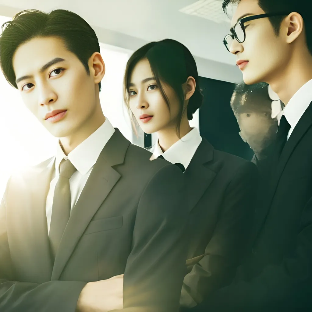 Prompt: a group of office work Asian people, all wearing office suit facing to the sunlight. looks ready to fight. bring up a bright future feeling. show more details in face