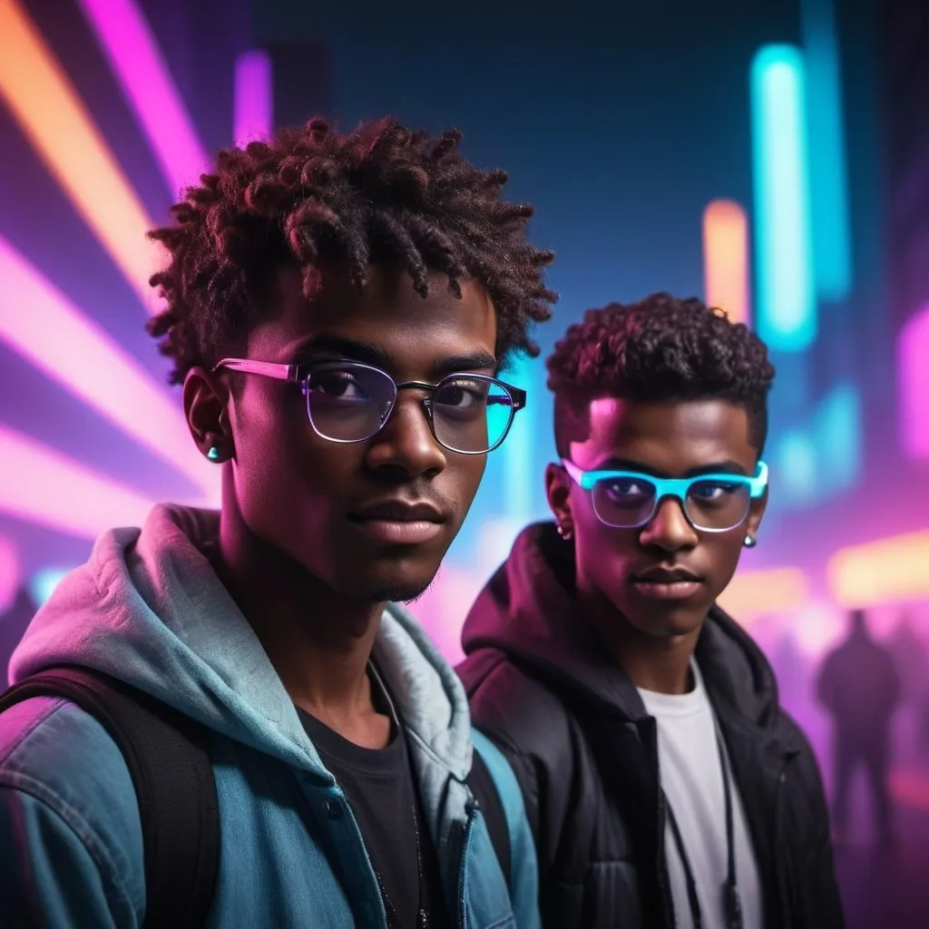 Prompt: Two handsome, dark-skinned teenage men posing for a video game tournament, wearing spectacles, with bright cinematic fill light, neon city accent gradient background with particles and bokeh effect, showing their electric and charismatic nature, highres, ultra-detailed, cyberpunk, futuristic, neon, dark skin, handsome, teenage, posing, video game, tournament, spectacles, cinematic fill light, neon city, gradient background, particles, bokeh effect, electric, charismatic