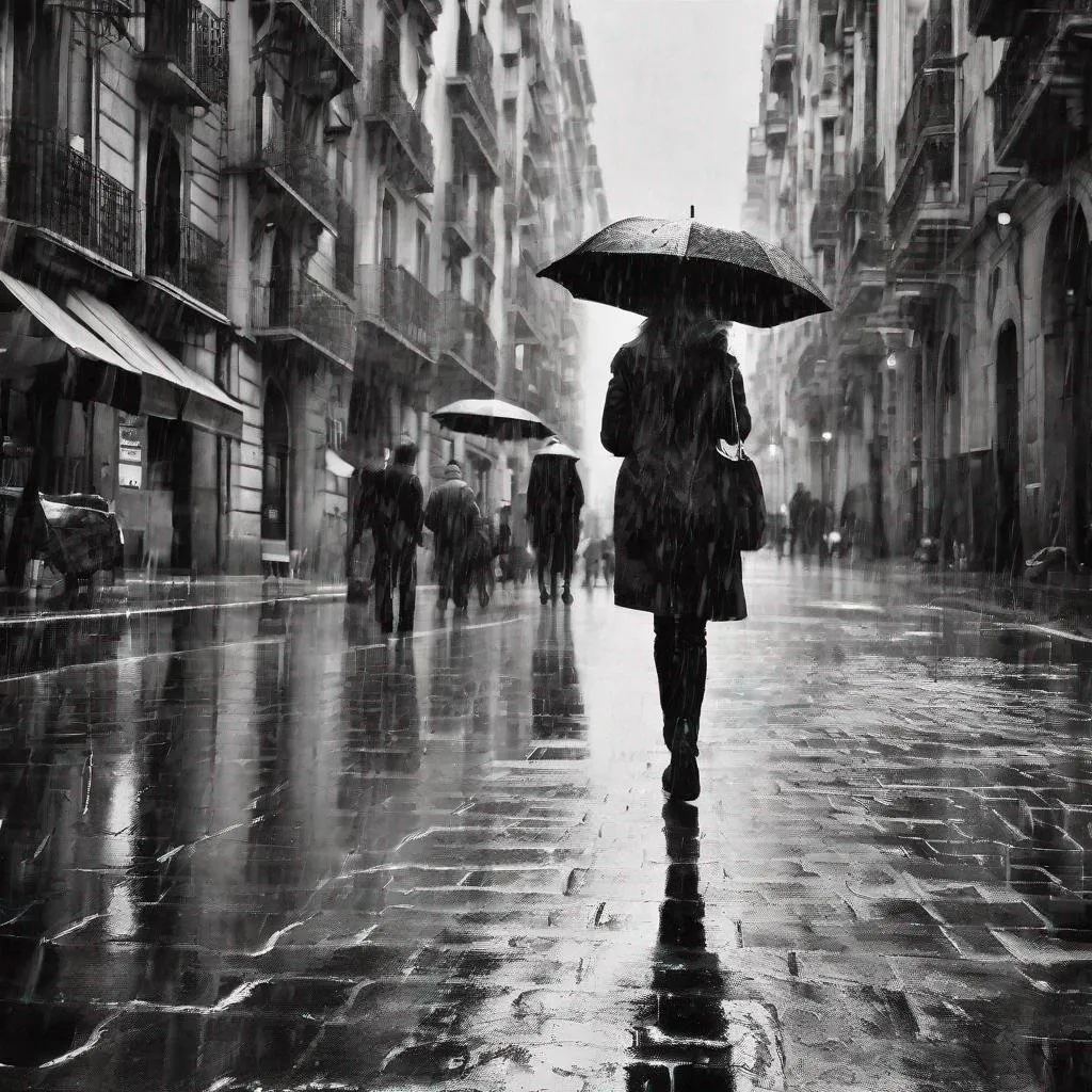 Prompt: Oil printed, use face of the woman on the photo and put her in the Barcelona, photo is black and white, rainy day, must be artistic like someone printed, woman is walking alone along the barcelloneta