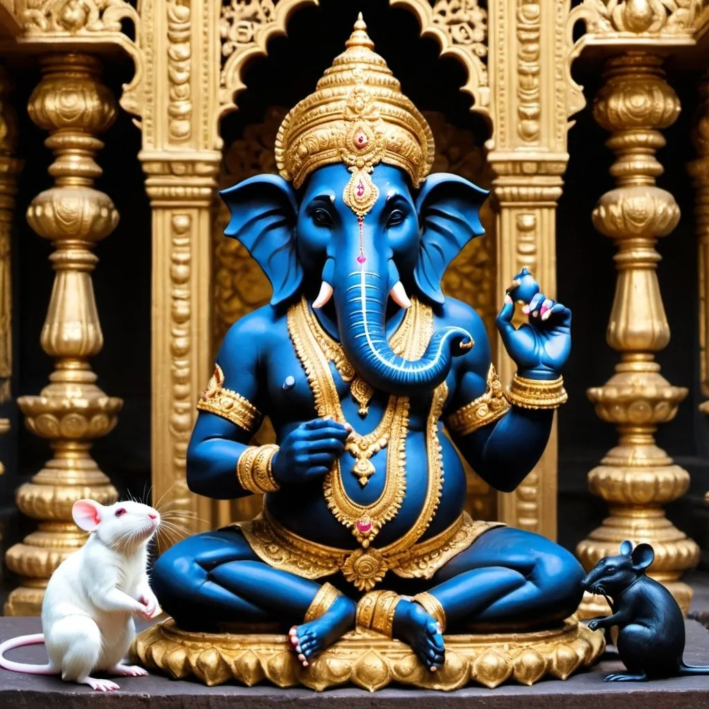 Prompt: 

Black Ganesh India  god intricate  with gold dress,  two white rat sit nearby, all sit in temple and palace as background,

