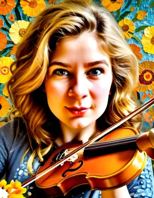 Prompt: Lady playing violin in a flower garden, vibrant and colorful floral setting, golden mosaic ground, intricate details on the violin, Van Gogh-inspired style, detailed lily flowers, dwarf marigold garden, high quality, impressionist, warm tones, natural lighting