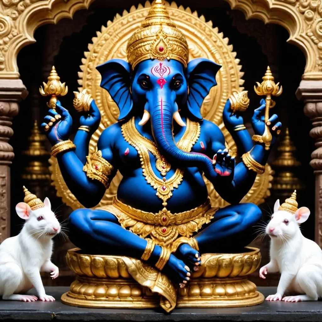 Prompt: 

Black Ganesh India  god intricate  with gold dress,  two white rat sit nearby, all sit in temple and palace as background,

