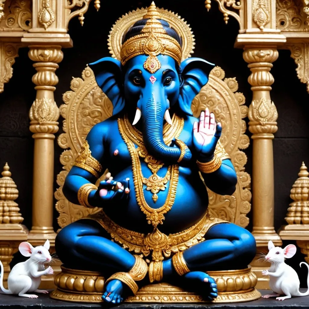 Prompt: 

Black Ganesh India  god intricate  with gold dress,  two white rat sit nearby, all sit in temple and palace as background,

